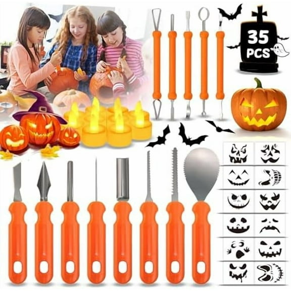 35pcs Pumpkin Carving Kit for Kids & Adult- Professional Stainless Steel Tools & Stencil& Candles for Halloween Decoration Jack O Lantern$$Home Decor, Kitchen, & Other