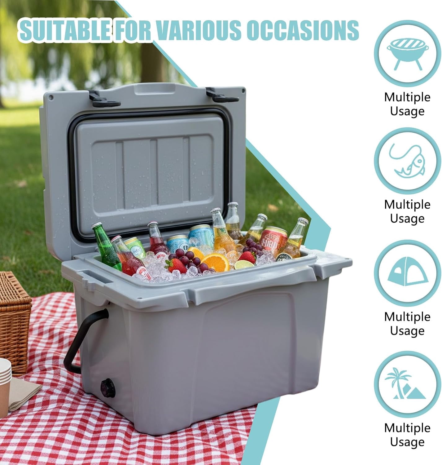 Elleree 25 Quart Hard Cooler, Portable Ice Chest with Bottle Opener, Cup Holder & Ruler,Heavy-Duty Beach Cooler for Camping, Fishing, Picnic, BBQ