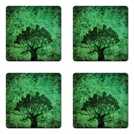 

Abstract Coaster Set of 4 City Composition Buildings Houses Town on Tree Branches Creative Monochromic Artwork Square Hardboard Gloss Coasters Standard Size Green by Ambesonne