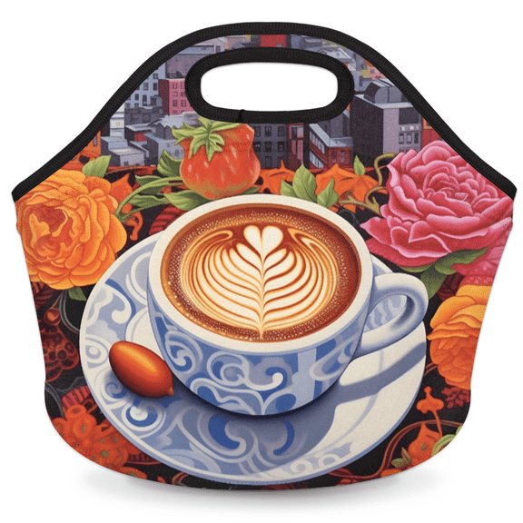 Herdesigns Coffee Cup Neoprene Lunch Bag, Funny Coffee Theme Insulated Lunch Box for Women Men Washable Lunch Tote Soft Lunch Container With Zipper for Work Picnic Travel