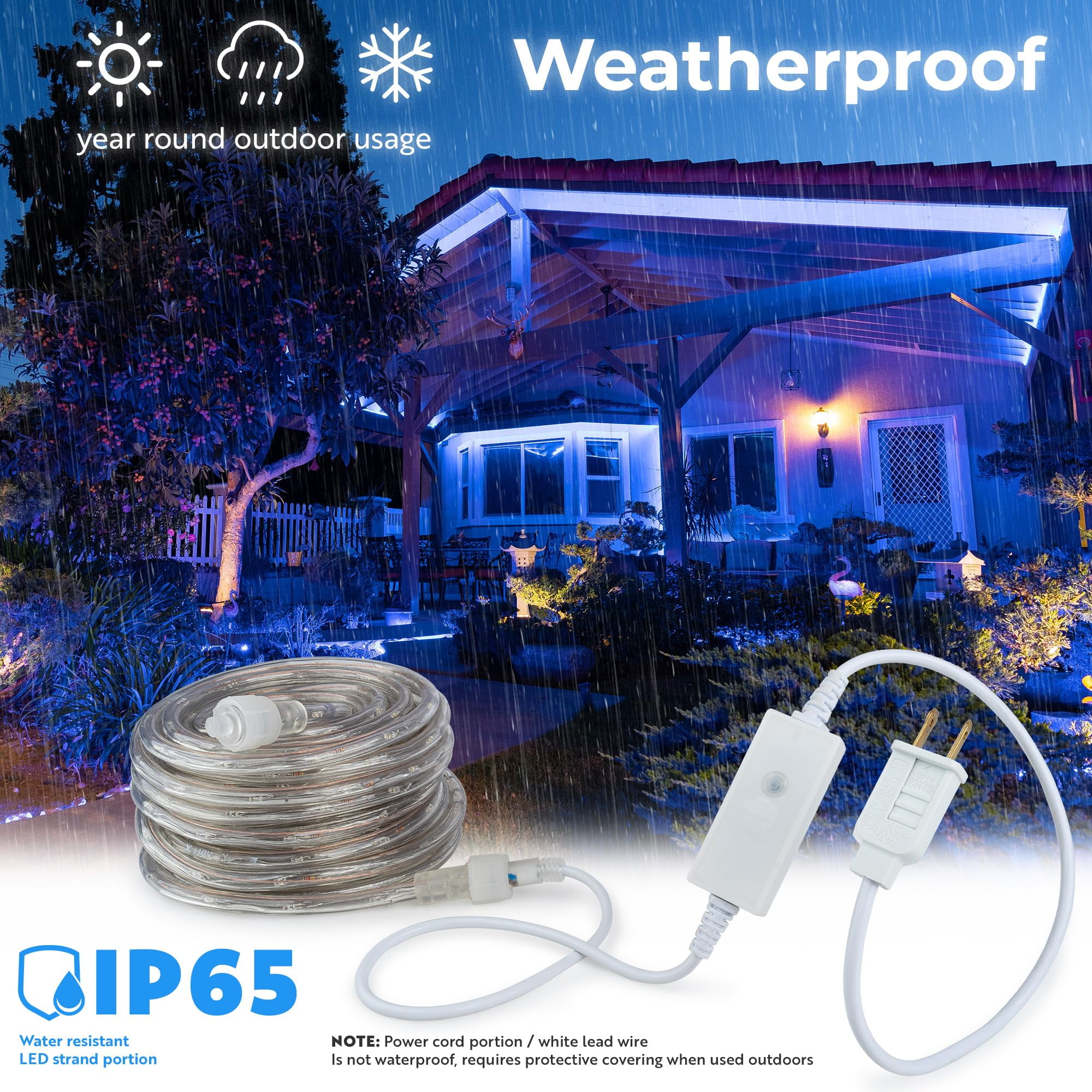 West Ivory 381LEDs, 50ft Blue LED Rope Light w/ 8 Mode, Connectable Outdoor Permanent Waterproof Accent Exterior Lighting, Safety Fuse, PVC Case, Holiday, Backyard Patio, Home Garden, Decorative