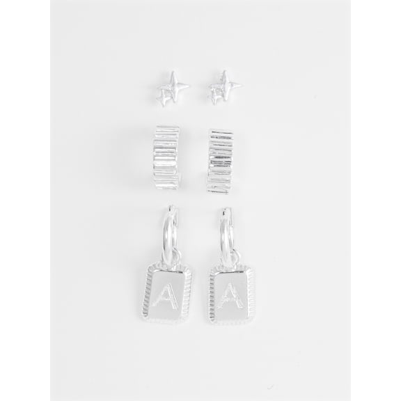 Time and Tru Women's Silvertone Multi Earring Set, 3 Pairs, Initial A