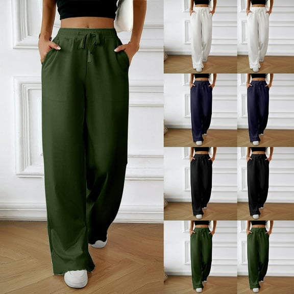 FRSASU Women Wide Leg Pants Drawstring Elastic High Waisted Casual Trousers with Pockets Lounge Comfy White