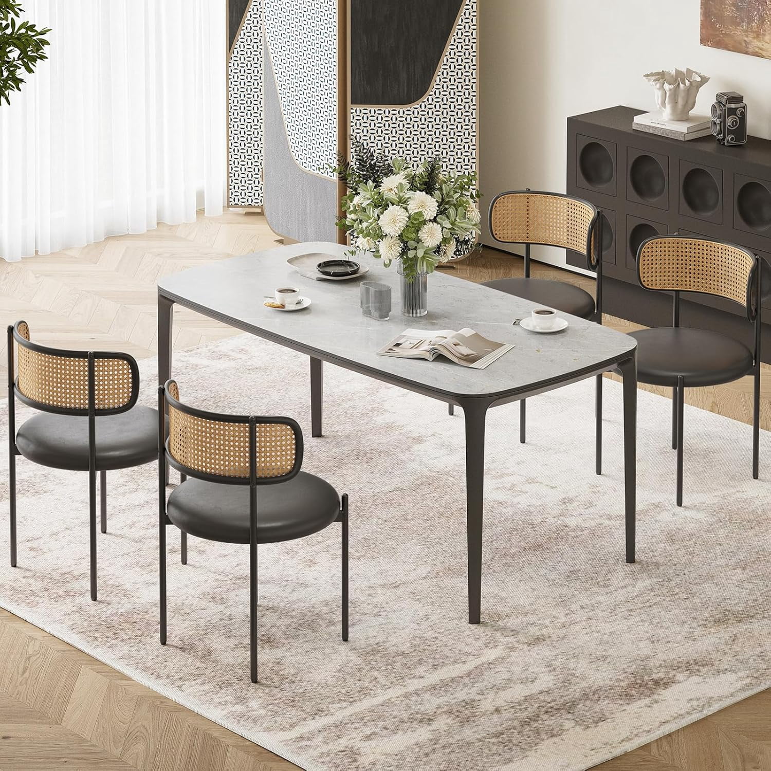 Farini Dining Chairs Set of 4, Upholstered PU Leather & Woven Rattan Side Chairs with Metal Legs for Kitchen, Dining Room, or Cafe, Black