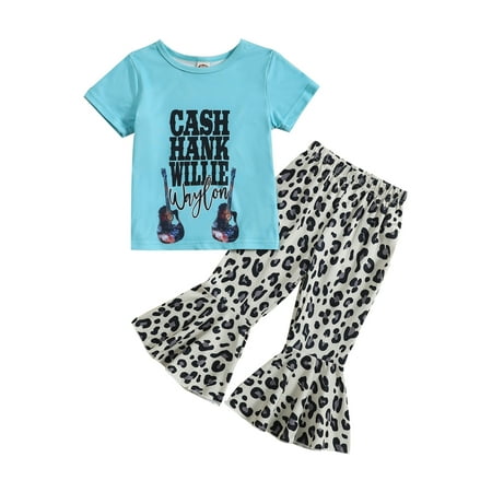 

Wassery Toddle Girls Summer Outfits Set Cow Head Print Short Sleeve T-Shirt Tops and Elastic Flare Pants Set 6M-4T