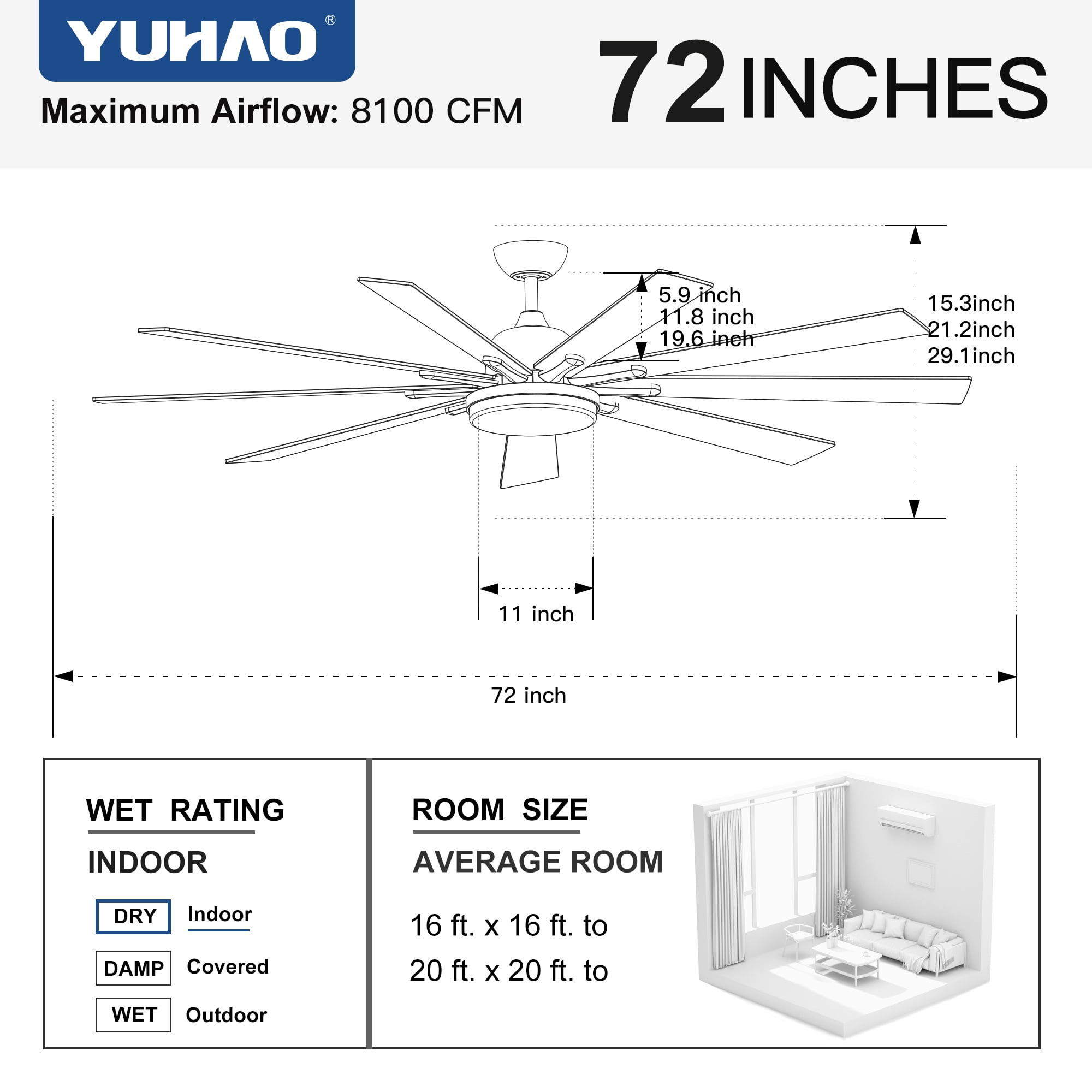 Wellspeed 72 in. Smart LED Ceiling Fan with 9 Blades, Remote Control, for Indoor Room, Brushed Nickel