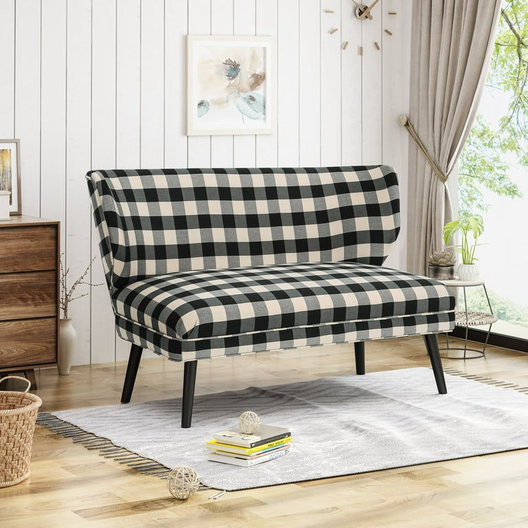 Dumont Modern Farmhouse Fabric Settee Black Checkerboard and