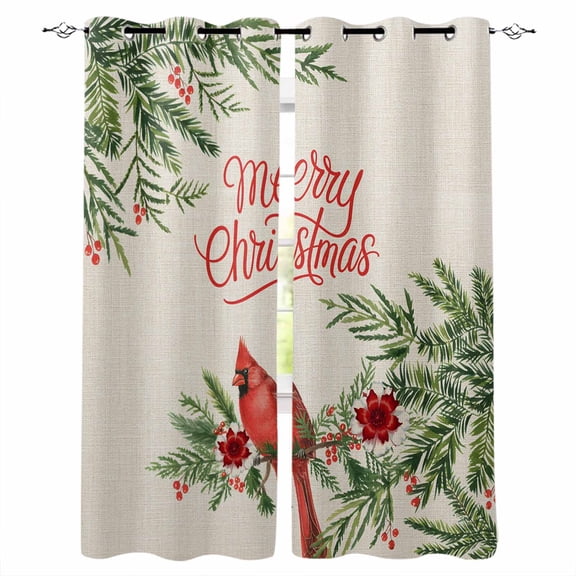 Fsddascl Christmas Cardinal Blackout Curtains for Bedroom/Living Room, Thermal Insulated Kitchen Curtains, Xmas Winter Pine Flower Berry on Linen Grommet Darkening Window Treatment Drapes 52"x72"x2