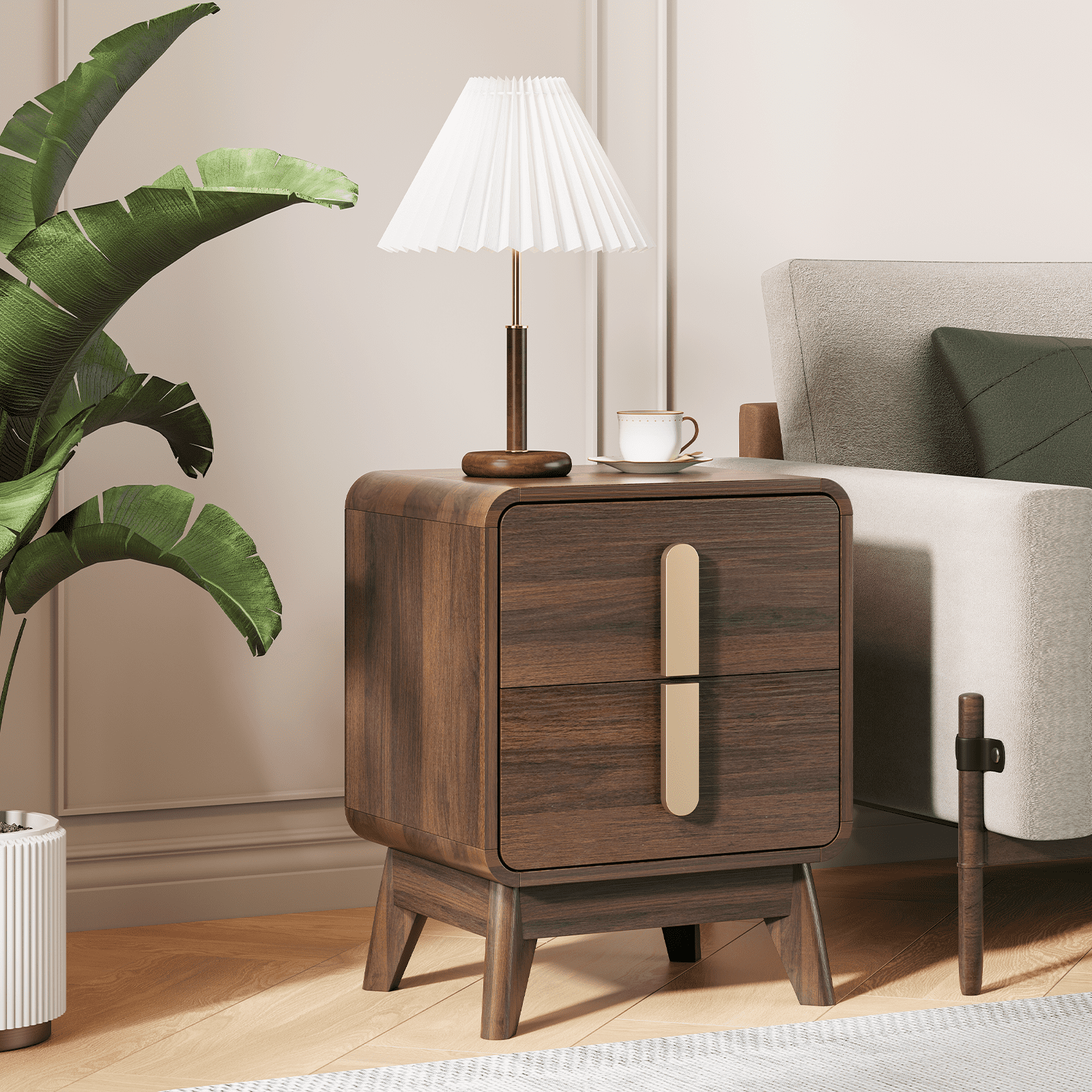 JOINICE Mid Century Modern 2 Drawers Nightstands Set of 2, End Table with Storage and Metal Handle,for Bedroom,Living Room,Black Walnut