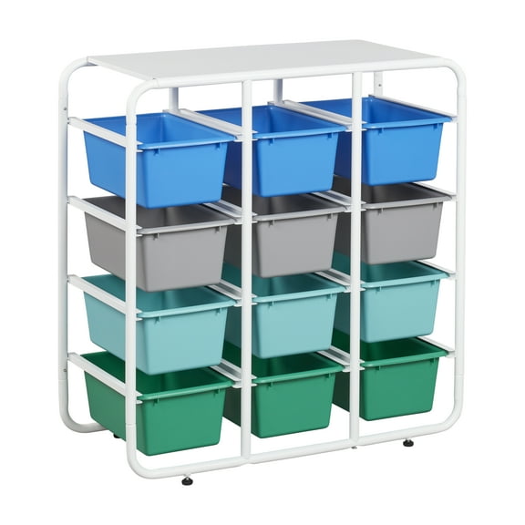 ECR4Kids 4-Tier Storage Rack with 12 Cubby Bins, 4x3, Multipurpose Organization, Contemporary