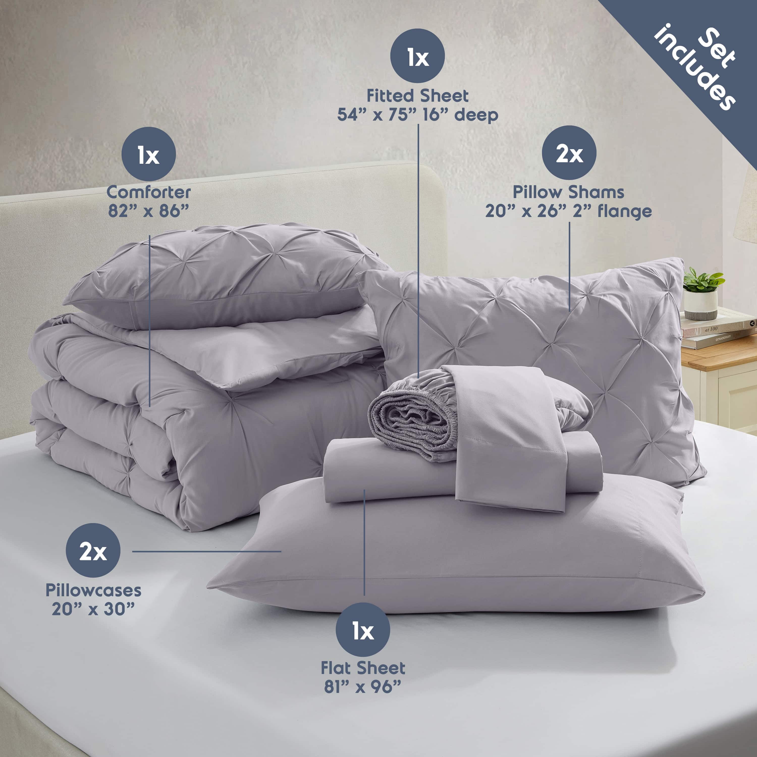 LammaLoe Full Size Comforter Sets, 7 Piece Bed In A Bag Pintuck Bedding Sets, Grayish Lavender