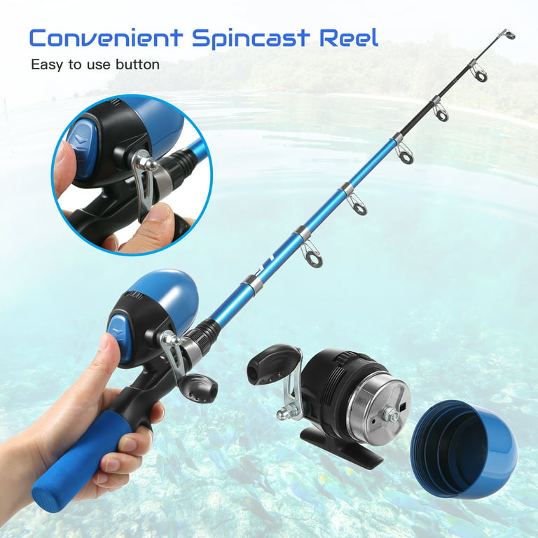 Leo Fishing Kids Fishing Pole and Reel Combo - Telescopic Rod with Spincast Reel, Tackles, and Lures, Blue