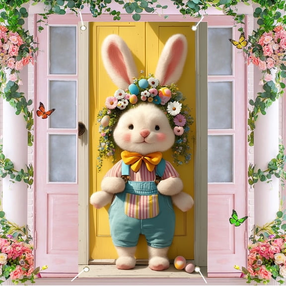 Stijggn Easter Banner Holiday Front Door Cover Happy Easter Bunny Door Cover Decorations Bunny Easter Eggs Door Banner Multicolored Polyester Washable for Front Door Indoor Outdoor