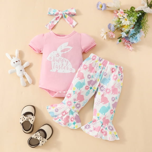 Zehjuhan Infant Girl Easter Bunny Print 3-Piece Outfit Short Sleeve Triangle Romper Flared Pants Headband Pink,0-3M