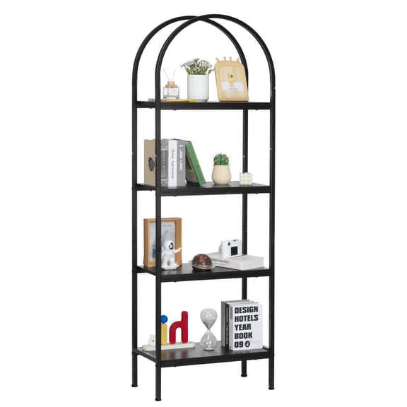VEVOR Open Bookshelf, 4-Tier, Arched Bookcase Storage Shelves with Metal Frame, Industrial Metal Book Organizer, Freestanding Display Rack Tall Shelving Unit, for Office, Bedroom, Living Room, Black