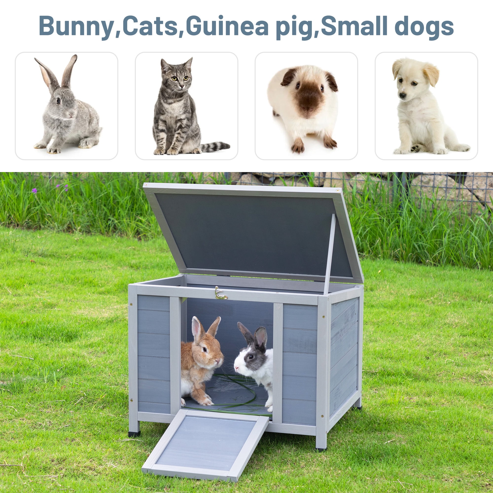 COZIWOW 24inches Wooden Catio Outdoor Cat House Small Animal House，Rabbit Hutch Indoor，Stable Weatherproof Bunny Cage Insulated Pet Shelter for Small Cat Dog Rabbit Guinea Pig(Grey)