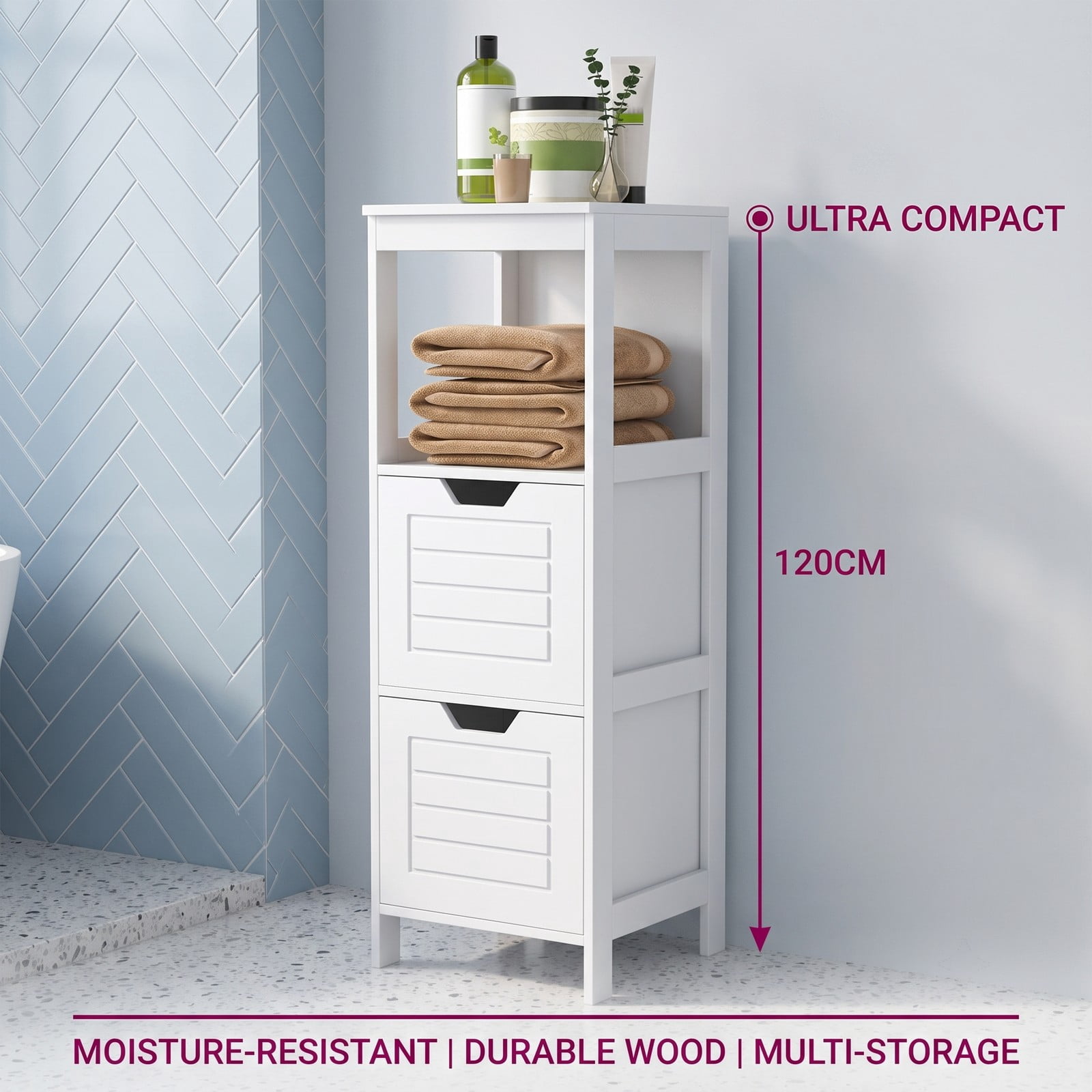 ALPULON Floor Cabinet Multifunction Storage Rack Stand Organizer, Freestanding Bathroom Storage Cabinet with 2 Drawers and 3 Open Shelves for Living Room, White