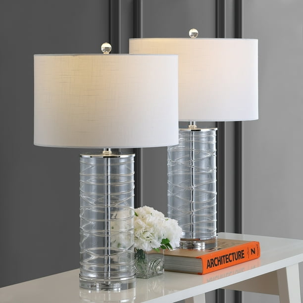 Cole 27.5" Modern Fused Glass Cylinder LED Table Lamp, Clear (Set of 2