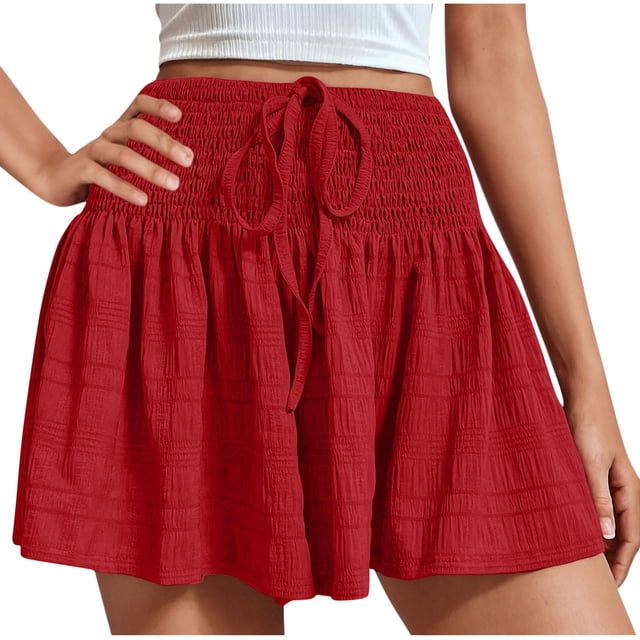 Besolor Shorts for Women Smocked High Waisted Drawstring Wide Leg Shorts Ruffle Flowy Dressy Summer Shorts