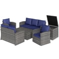 thumbnail image 1 of 6-Piece Rattan Patio Furniture Set, 7-Seater Outdoor Wicker Sofa Set with Storage Tea and Side Tables, Navy Blue Cushions, Grey PE Wicker & Steel Frame for Backyard or Garden, 1 of 7