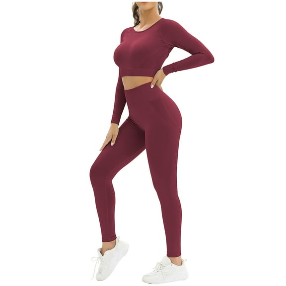 Workout Outfits for Women 2 Piece Seamless Long Sleeve Crop Tops and High Waist Yoga Leggings Exercise Sets