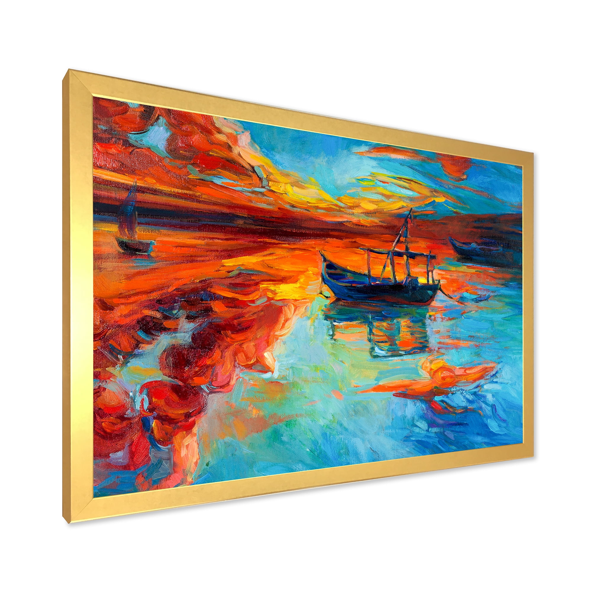Boat At The Lake During Evening Glow IV 32 in x 16 in Framed Painting Canvas Art Print, by Designart