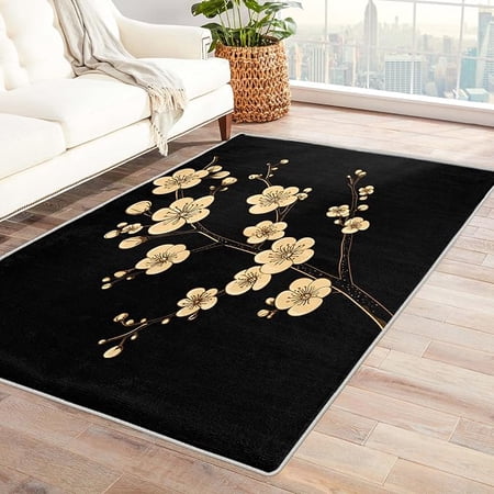 Black and Gold Floral Throw Rug for Entryway Bedroom Kitchen Cherry Blossom Pattern Design Door Mat Asian Oriental Flower Home Decor Small Carpet Non Slip & Washable & Soft 5 x 6ft