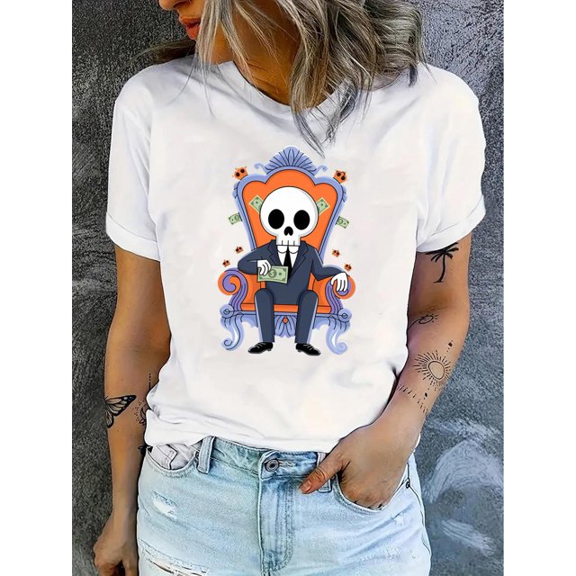 Women's Trendy Skull Print T-Shirt - Casual Crew Neck, Short Sleeve, Stretchy Polyester Blend, Machine Washable, Summer Fashion Tee with Geometric Design, Non-See-Through Fabric
