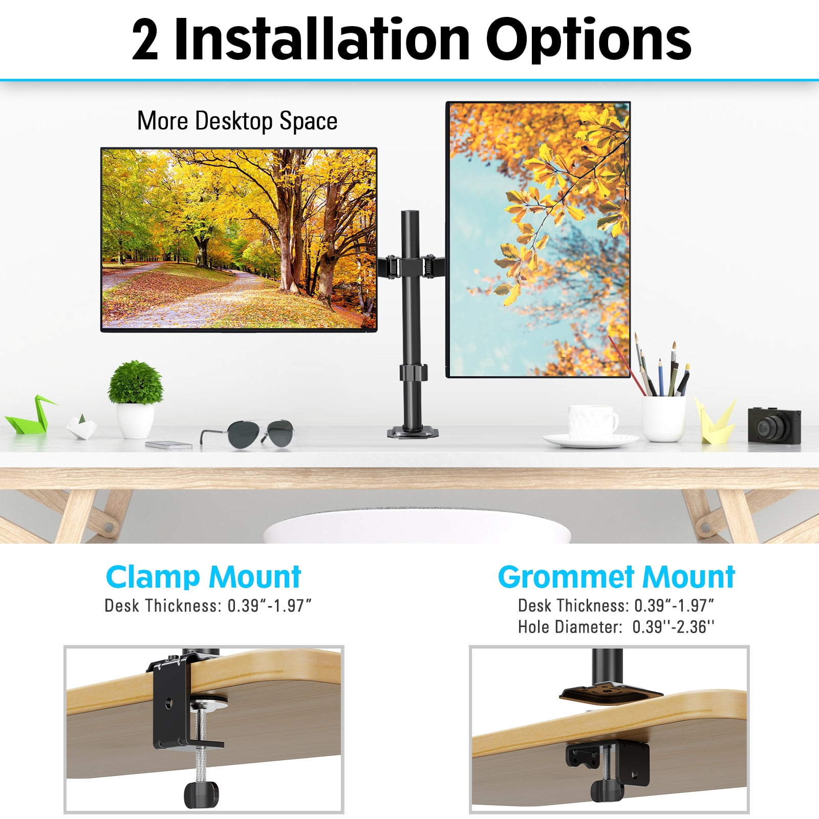 HOMOUNT Dual Monitor Desk Mount for Max 32 Inch, Adjustable Dual Monitor Arm for 2 LCD Screens, Monitor Stand with C-Clamp and Grommet Base, up to 17.6lbs