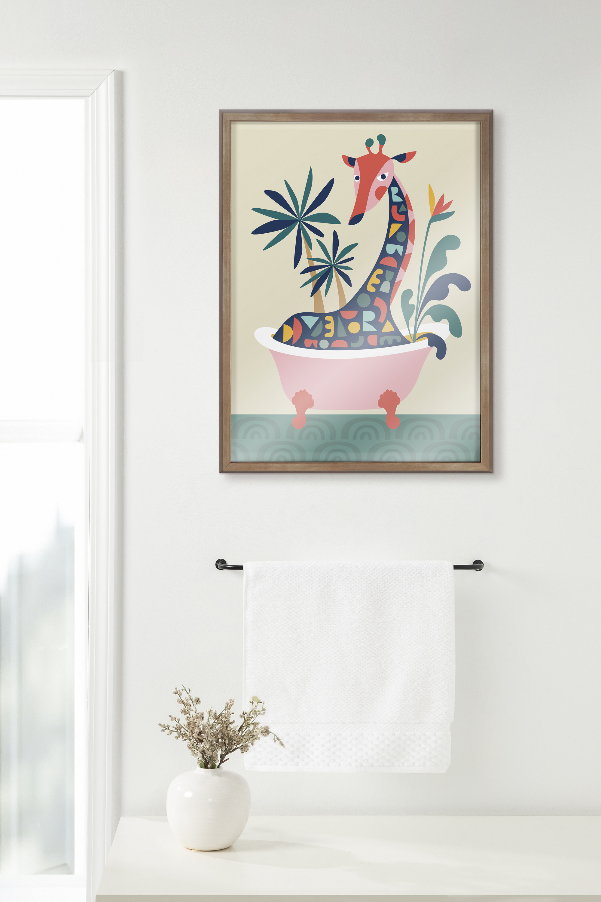 Kate and Laurel Blake Mid Century Modern Giraffe in Bathtub Framed Printed Glass Wall Art by Rachel Lee of My Dream Wall, 18x24 Gold, Decorative Colorful Animal Art for Wall