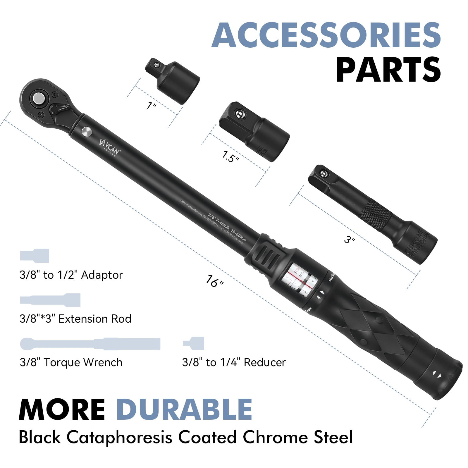 3/8" Drive Click Torque Wrench Set 10-60 Nm 72-Tooth with 1/2" Adapter & 3" Extension