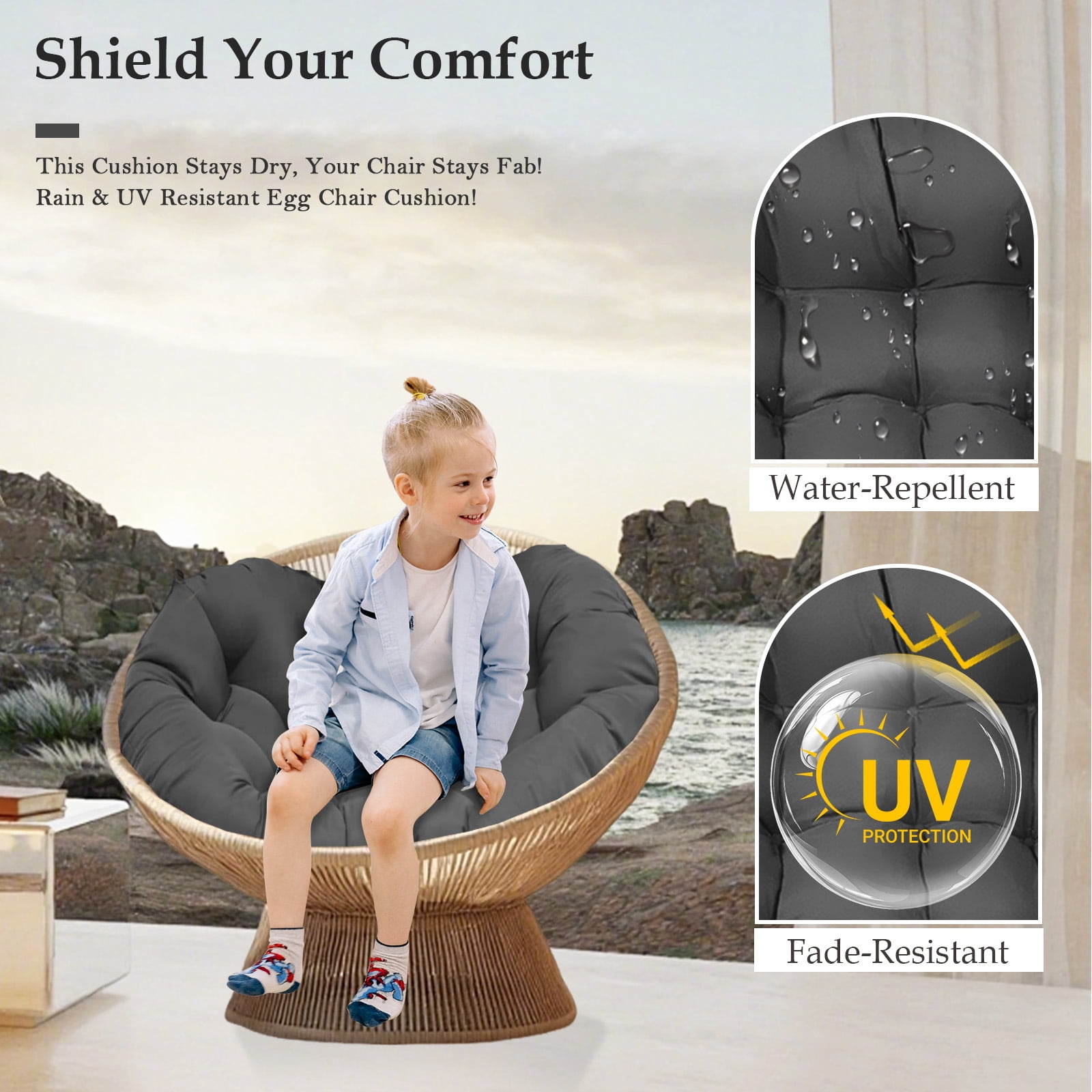 XXLYY Outdoor Egg Chair Cushion Replacement, 7.9”Thick Waterproof Hanging Chair Cushion with Ties for Patio & Porch