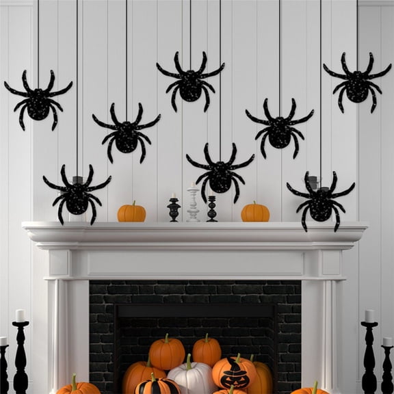 6 Pc Halloween Spider Glitter Ornaments, Realistic Spider Ornaments, Halloween Ornaments, Suitable for Haunted House Halloween Home Door Wall Holiday Party Decorations.