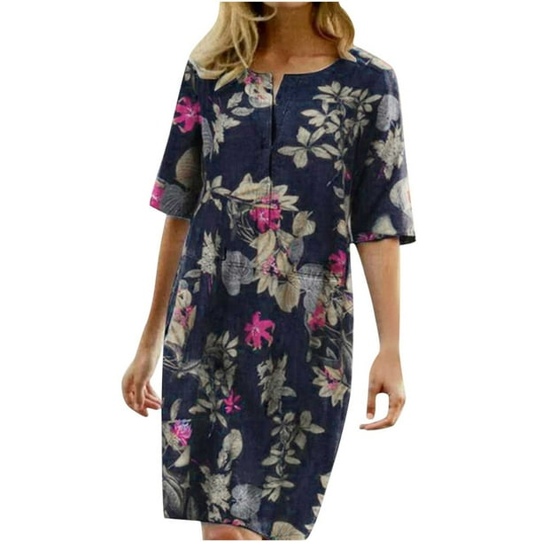 Vestido de media manga con estampado de cuello en V bohemio de verano para mujer Vestido hasta la rodilla Fridja bnh5735