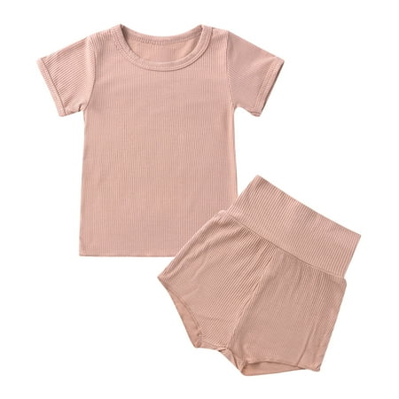 

Honeeladyy Toddler Kids Baby Boys Girls Fashion Cute Solid Color Short Sleeve High Waist Shorts Cotton Casual Suit