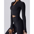 thumbnail image 2 of Women's Workout Yoga Running Jacket Seamless Long Sleeve Athletic Jacket Stretchy Workout Sport Cropped Track Jacket with Thumb Holes Black Medium, 2 of 4