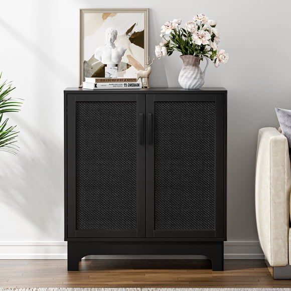 Eumyviv Mid Century Rattan Storage Cabinet, Black Buffet Sideboard with 2 Doors & Adjustable Shelf for Kitchen Living Room Bedroom, H0095