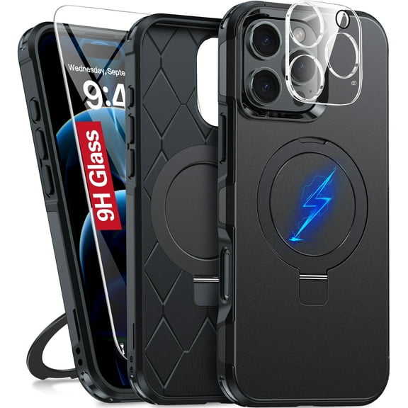 Magnetic Stand for iPhone 16 Pro Max Case with 9H Screen & Lens Protector