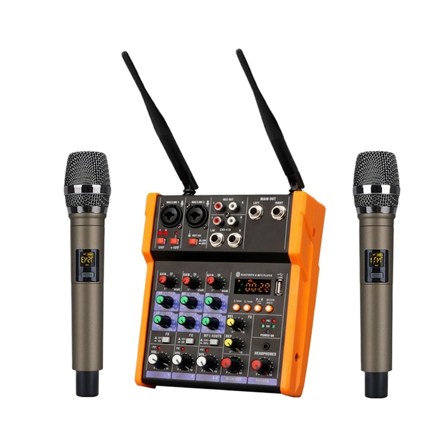 Woopker 4-Channel Audio Mixer Console with Wireless Microphone Sound Mixing USB input DJ Mixer ,Precision Control
