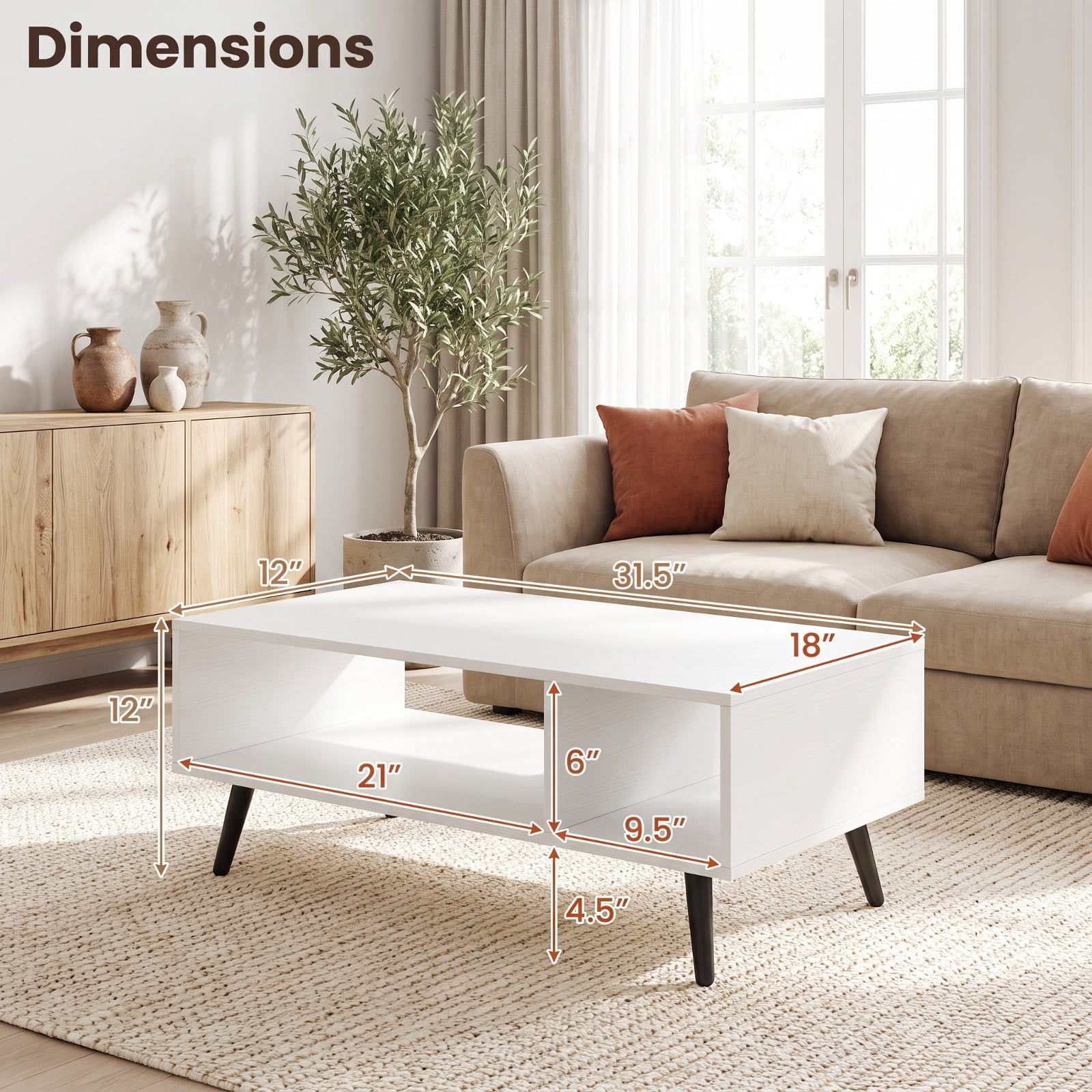 Furnibear Mid Century Modern 2-Tier Small Coffee Table with Two Open Compartments and Tapered Metal Legs for Apartment Living Room, White