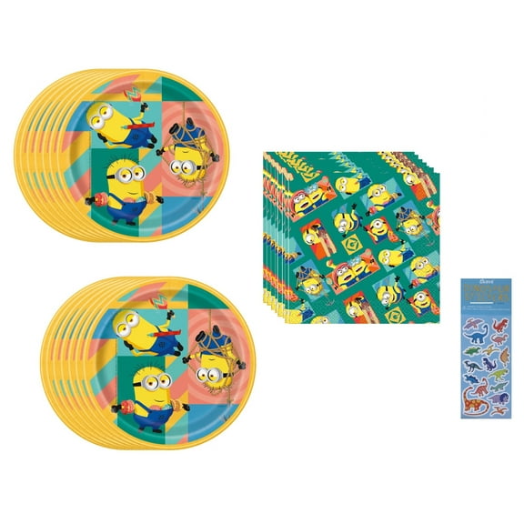 Despicable Me Birthday Party Supplies Bundle Pack includes 16 Dessert Cake Paper Plates 7", 16 Paper Napkins 2-Ply 6.5", 1 Dinosaur Sticker Sheet