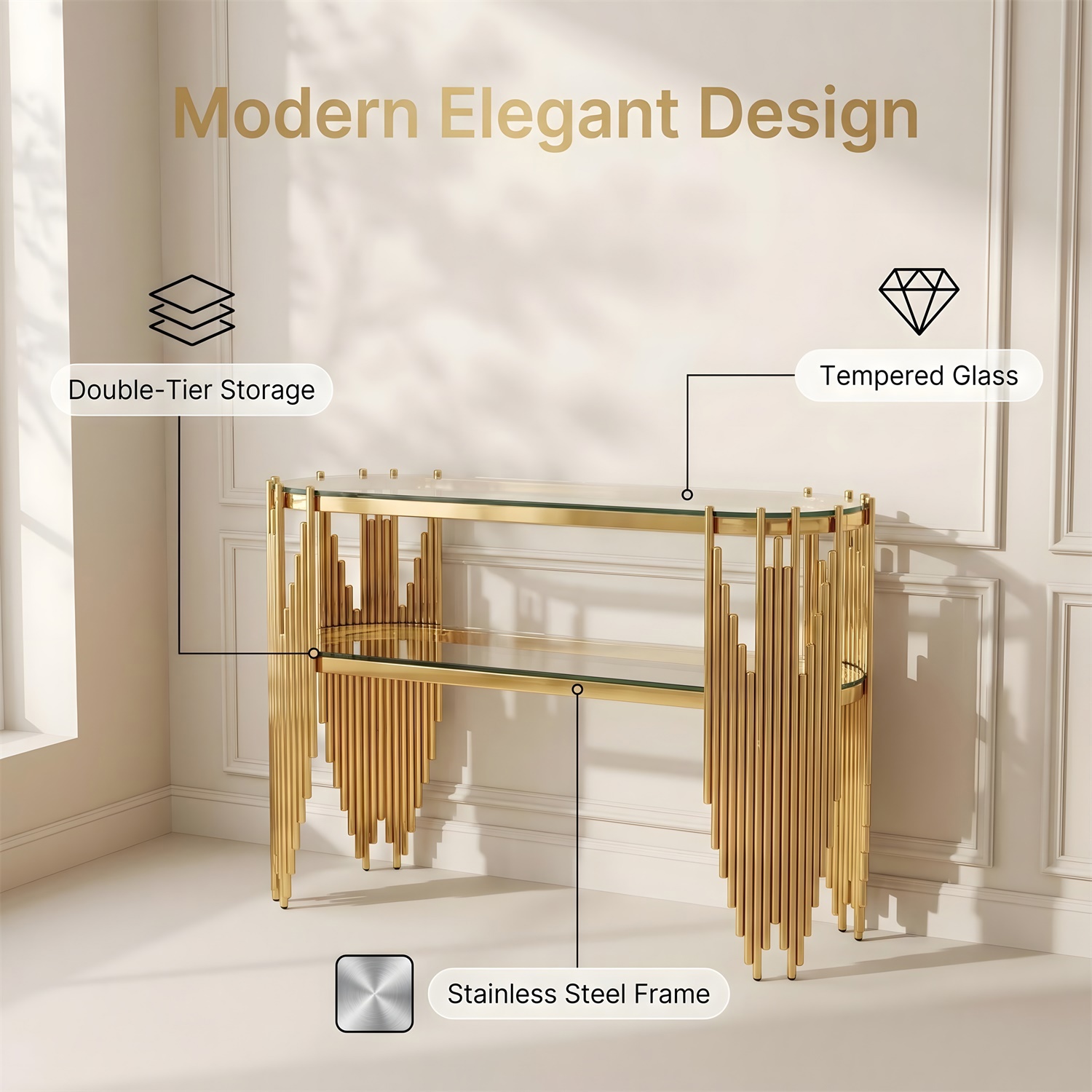 Hommoo Luxury Oval Console Table with Tempered Glass Shelves, Modern Stainless Steel Entryway Table for Hallway, Living Room & Behind Sofa, Gold
