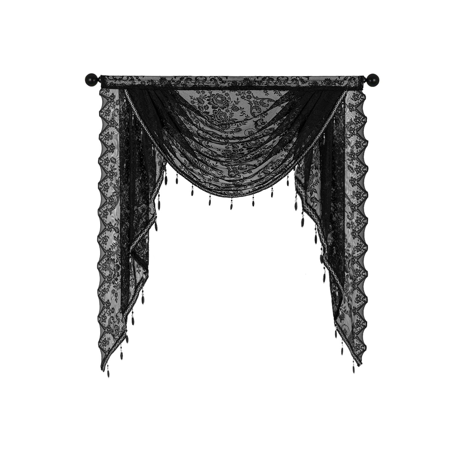 Sheer Lace Waterfall Window Valance with Bead Tassels Floral Embroidered Valance Curtains Semi Sheer Rod Pocket Valance/Swags for Bedroom/Living Room/Kitchen/Basement