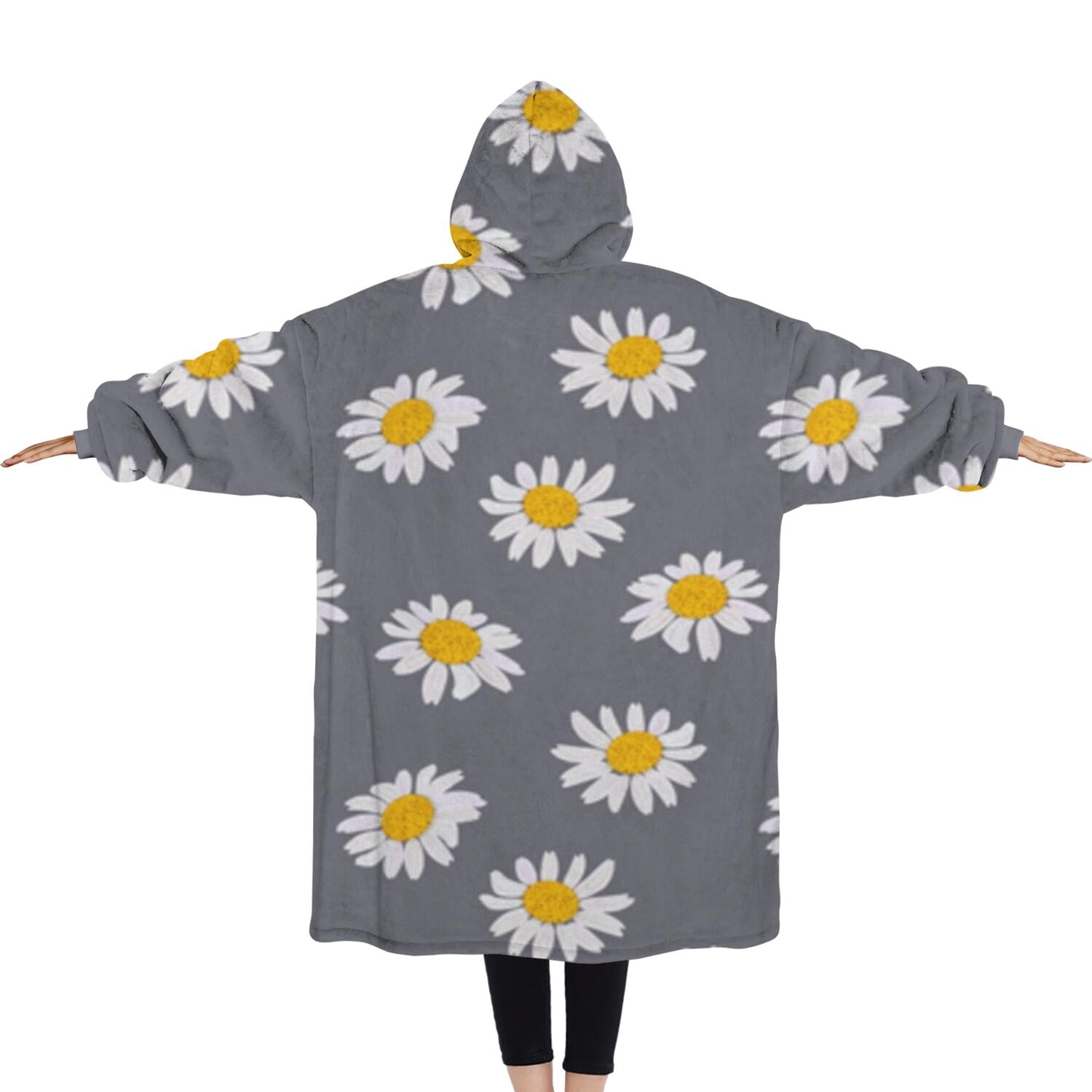 Oversized Wearable Blanket Hoodie,Gray White Flower Pattern Sherpa Blanket Hoodie with Super Pockets,Super Warm Fuzzy Pullover for Women & Men