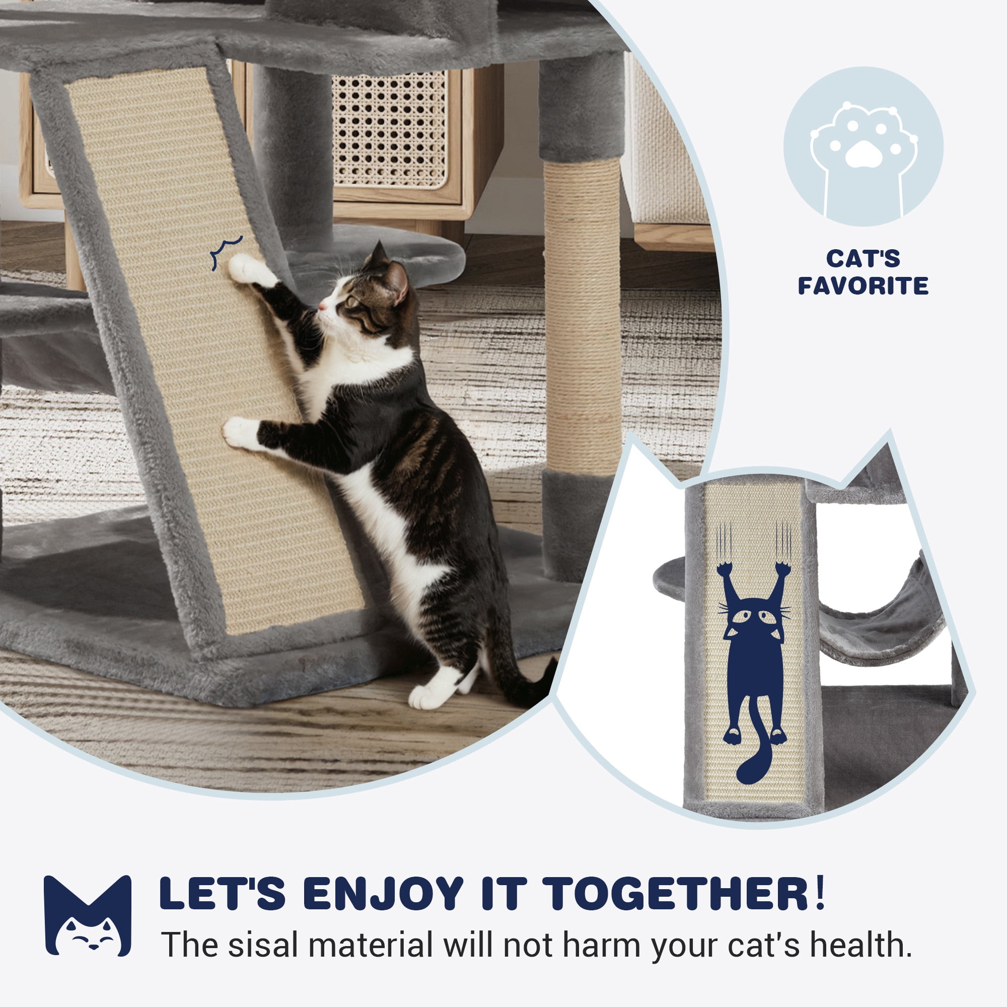 Sifurni 65.7" Large Cat Tree Tower Condo House for Cats with 2 Scratching Ramps, Hammock & Posts, Gray