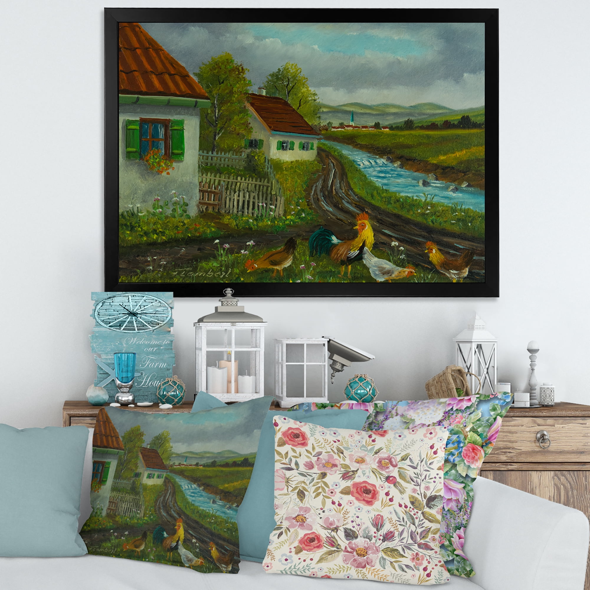 Designart 'A Cock and Three Chickens In A Meadow With Flowers' Farmhouse Framed Art Print