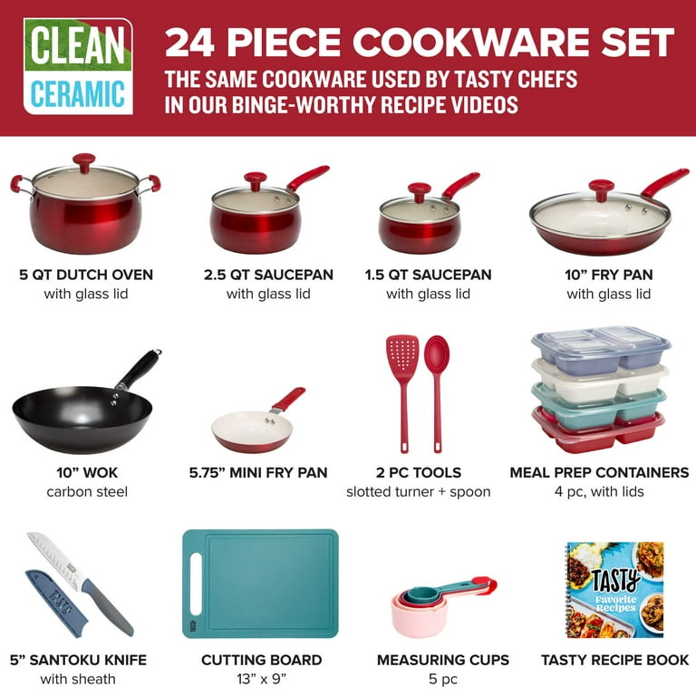 Tasty Clean Ceramic 24 Piece Non-Stick Aluminum Cookware Set, Red