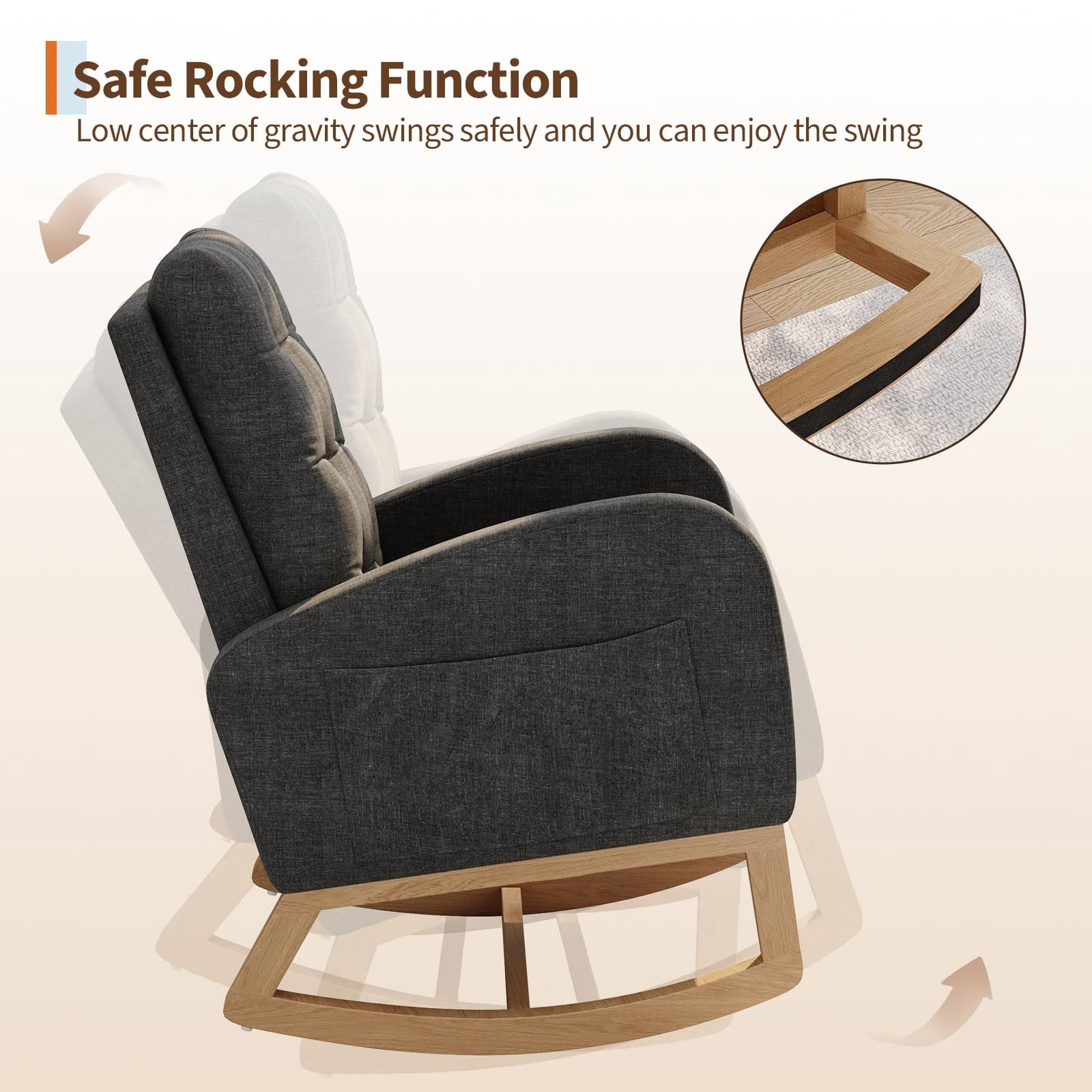 Nursery Rocking Chair with Adjustable Footrest, High Backrest, Sturdy Wooden Legs, Breathable PU Leather or Soft Fleece Upholstery, Comfortable Glider for Living Room or Bedroom