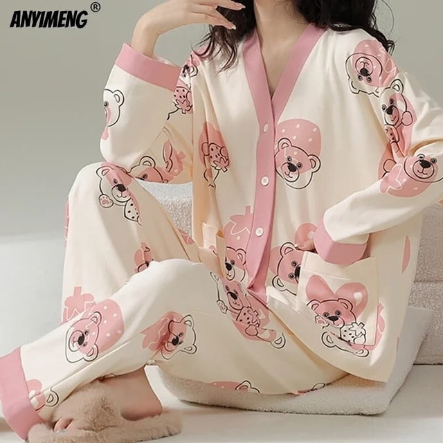 Elizabeth Duck-Conjunto de pijamas japoneses para mujer, ropa de dormir de algodón de manga larga, con cuello en V y solapa, para Otoño e Invierno