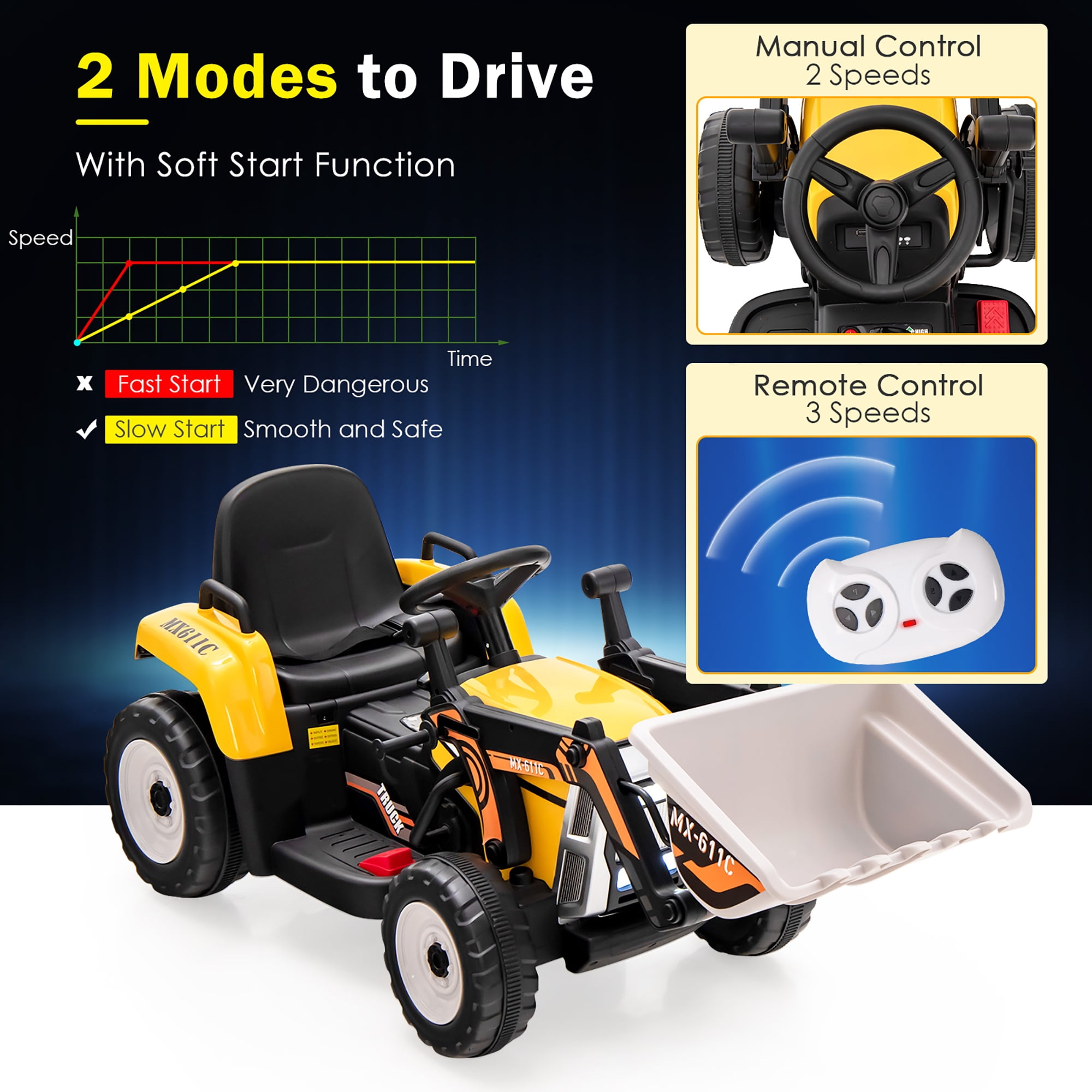 Costway Kids Ride On Excavator Digger 12V Electric Tractor RC w/ Digging  Bucket Yellow 